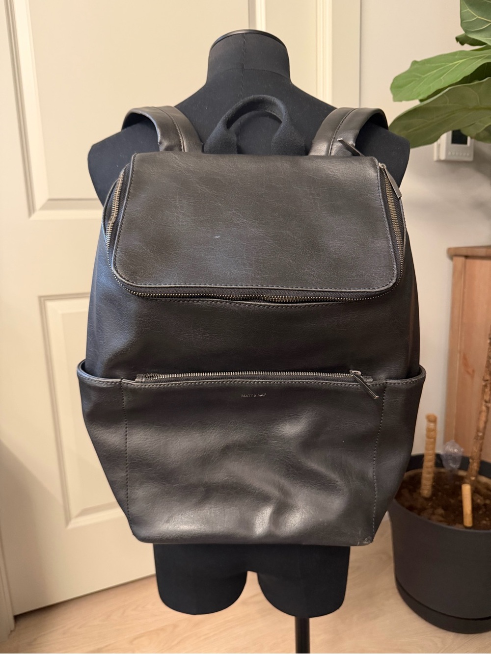 Matt & Nat Black Vegan Leather Backpack with Front Zip Pocket